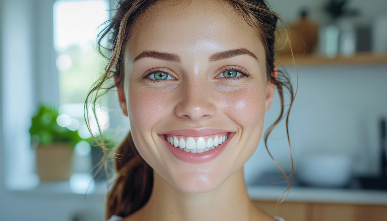 Portrait einer hellhäutigen Person mit natürlicher heller Zahnfarbe nach dem Bleaching.