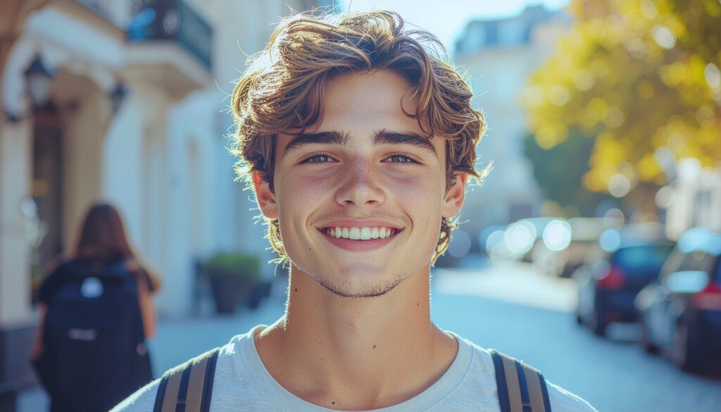 Portrait einer hellhäutigen Person mit natürlichem Lächeln in warmem, neutralem Licht – Symbol für frühes Erkennen von Karies.