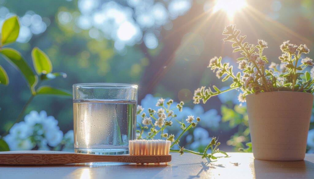 Minimalistisches Dentalhygiene-Stillleben in warmen Naturtönen.