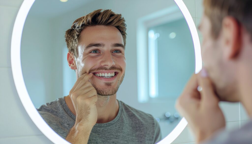 Person betrachtet ihre Zahnfleischlinie in einem warm beleuchteten Spiegel.