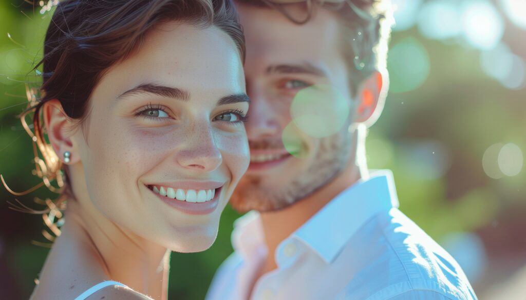 Lächelndes Paar in kühlem Tageslicht mit natürlicher Zahnfarbe – symbolisiert vorbeugende Zahnpflege gegen Zahnstein.