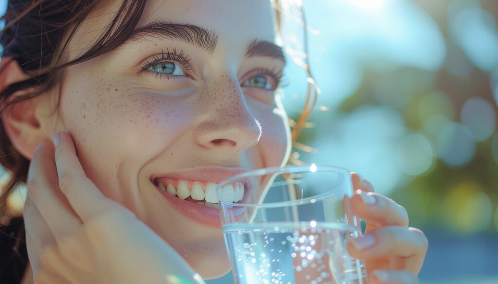 Person trinkt ein kaltes Getränk und fasst sich wegen empfindlicher Zähne an die Wange.